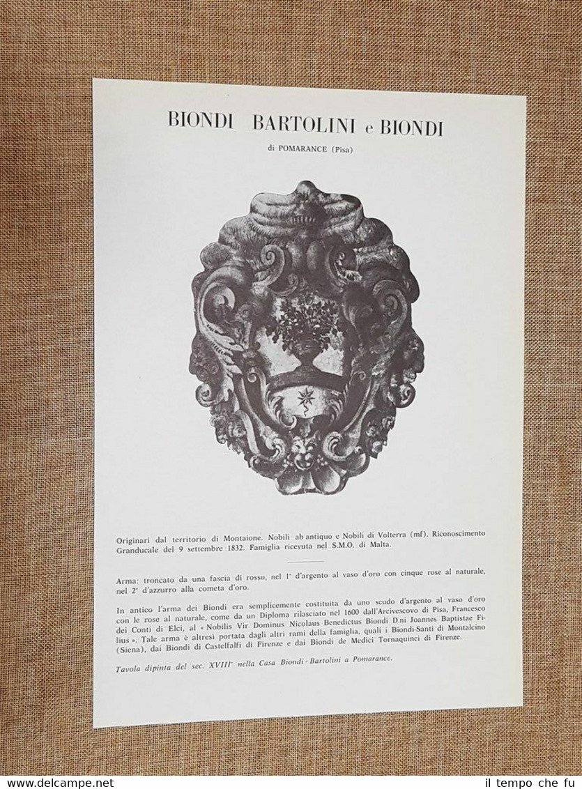 Biondi Bartolini e Biondi di Pomarance Stemma Famiglia Nobile Nobiltà …
