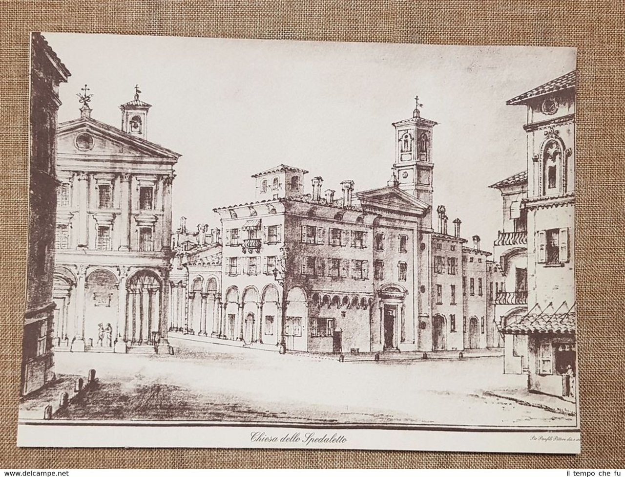 Bologna nel 700 Chiesa dell'Ospedaletto o Spedaletto Emilia Litografia Ristampa