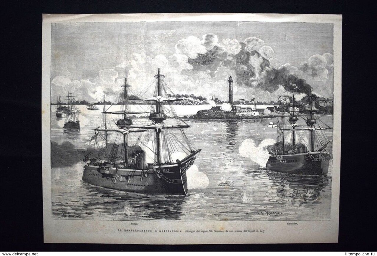 Bombardamento Alessandria:11/13 giugno 1882 Sultan,Alexandra Incisione del 1882