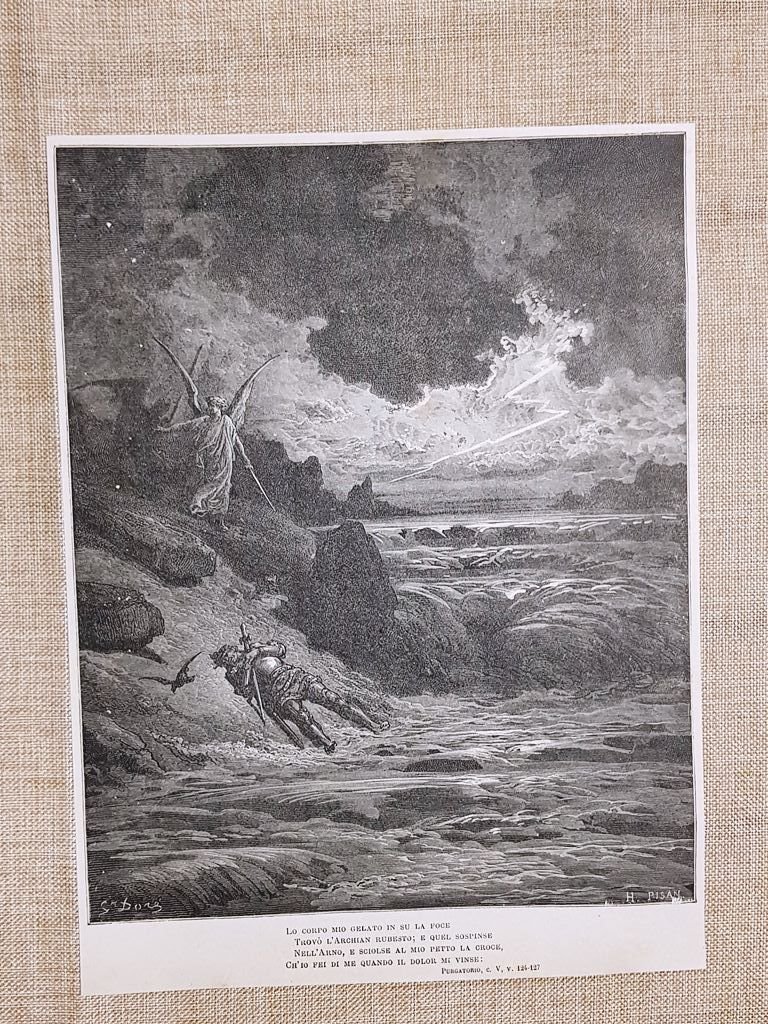 Buonconte di Montefeltro Divina Commedia Purgatorio Incisione Gustave Doré 1887