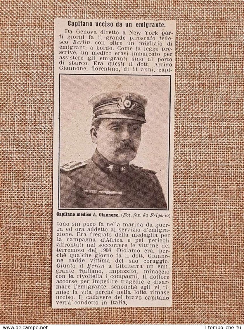 Capitano medico Arrigo Giannone Ucciso a Gibilterra nel 1914 emigrante …