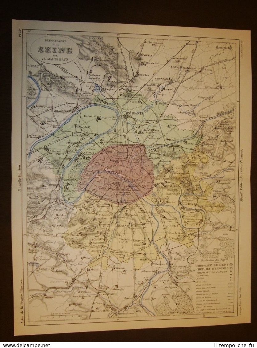 Carta, cartina, mappa del 1840 Dipartimento della Senna Seine Francia …