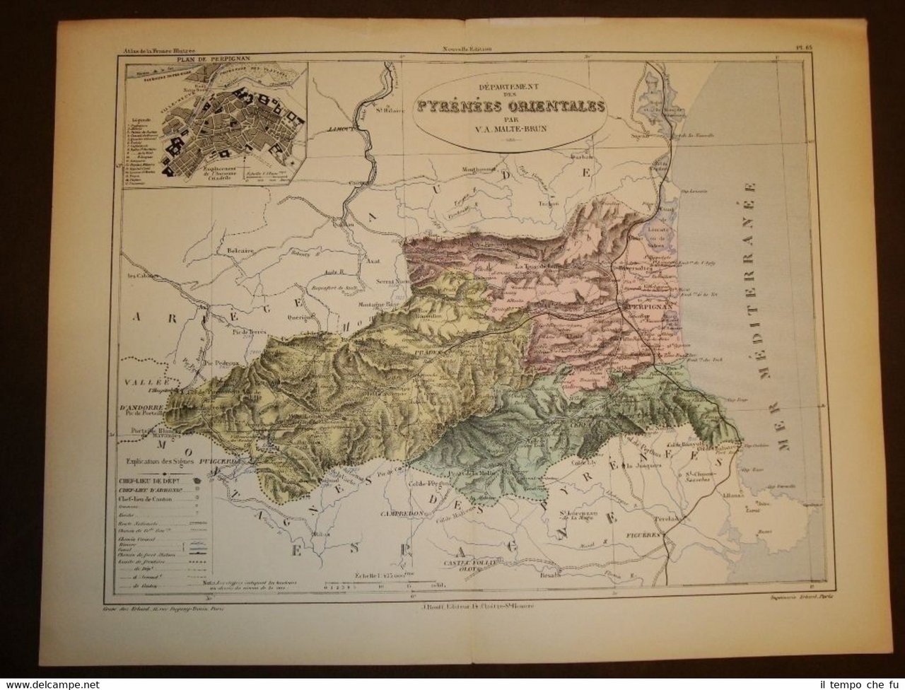 Carta, cartina, mappa del 1840 Pyrénées Orientales Perpignan Francia Malte …