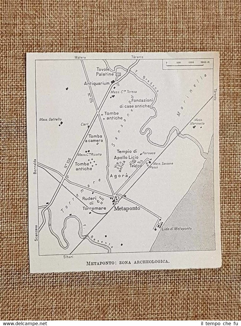 Carta geografica cartina del 1965 Metaponto Zona archeologica Basilicata T.C.I.