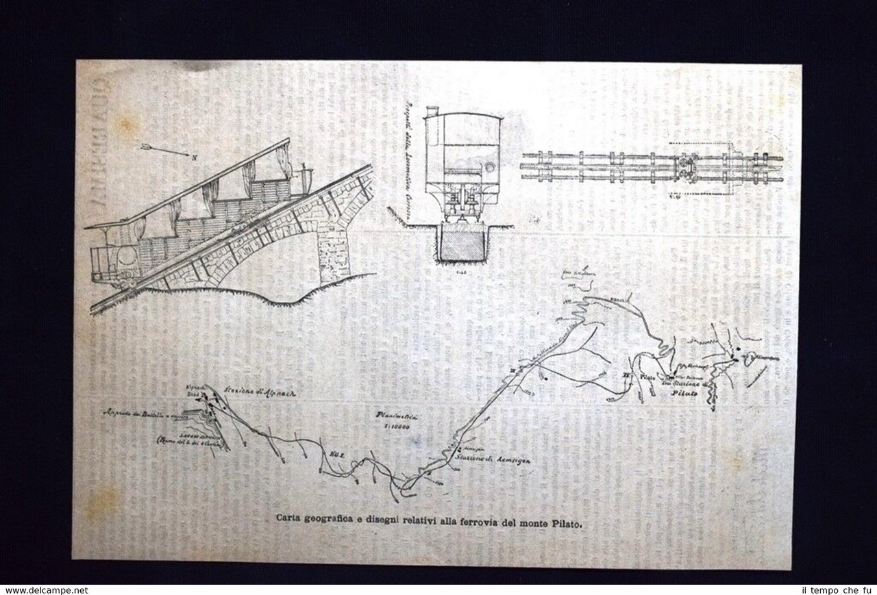 Carta geografica e disegni della ferrovia del monte Pilato Incisione … | Immagine principale