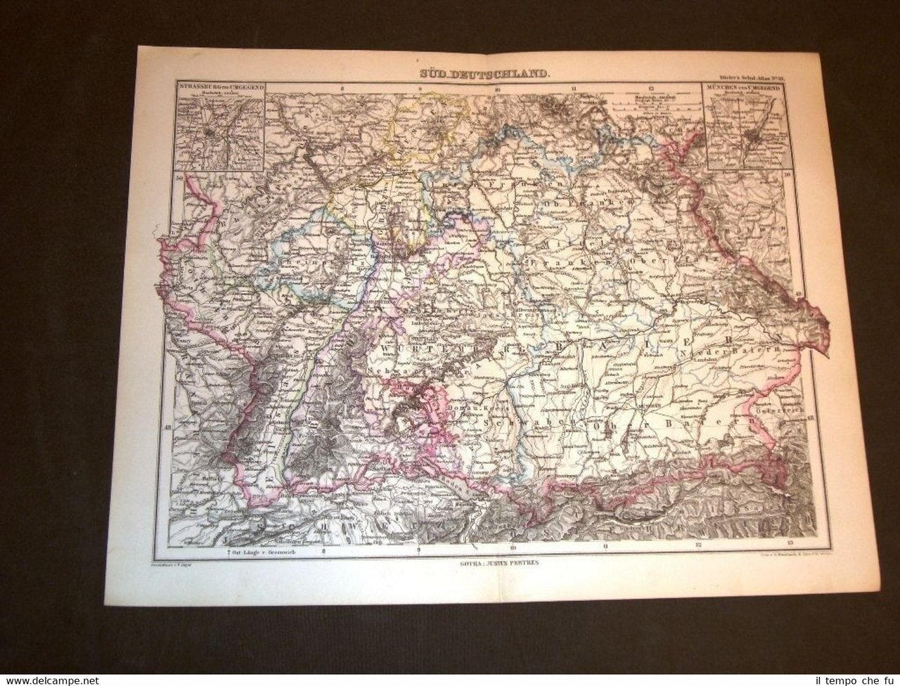 Carta geografica mappa Berghaus 1882 Ancient map Germania del sud …