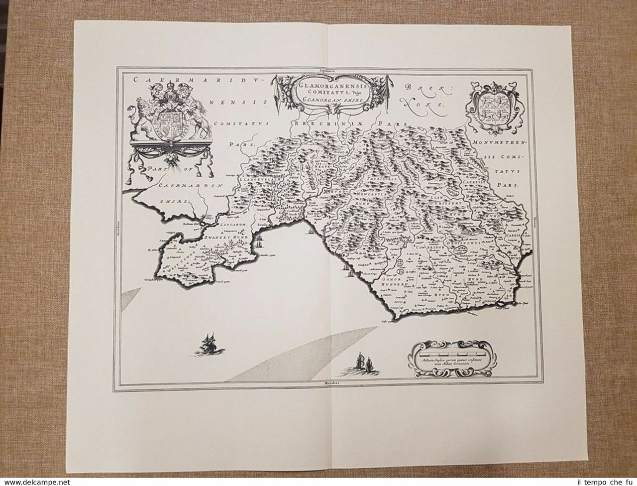 Carta geografica Mappa Glamorganshire Galles Regno Unito del 1645 Blaeu …