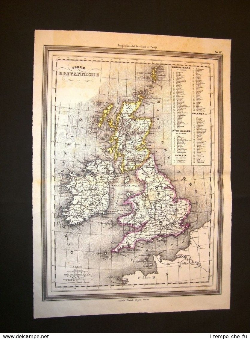 Carta geografica mappa Marmocchi del 1876 Inghilterra Irlanda Isole Britanniche