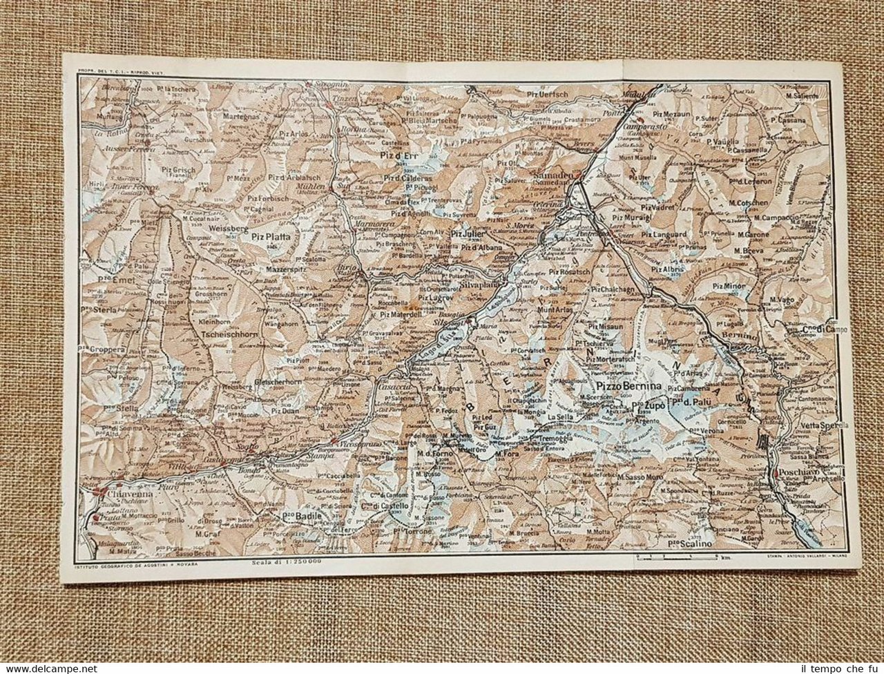 Carta geografica o cartina del 1914 Piz d'Err Platta Emet …