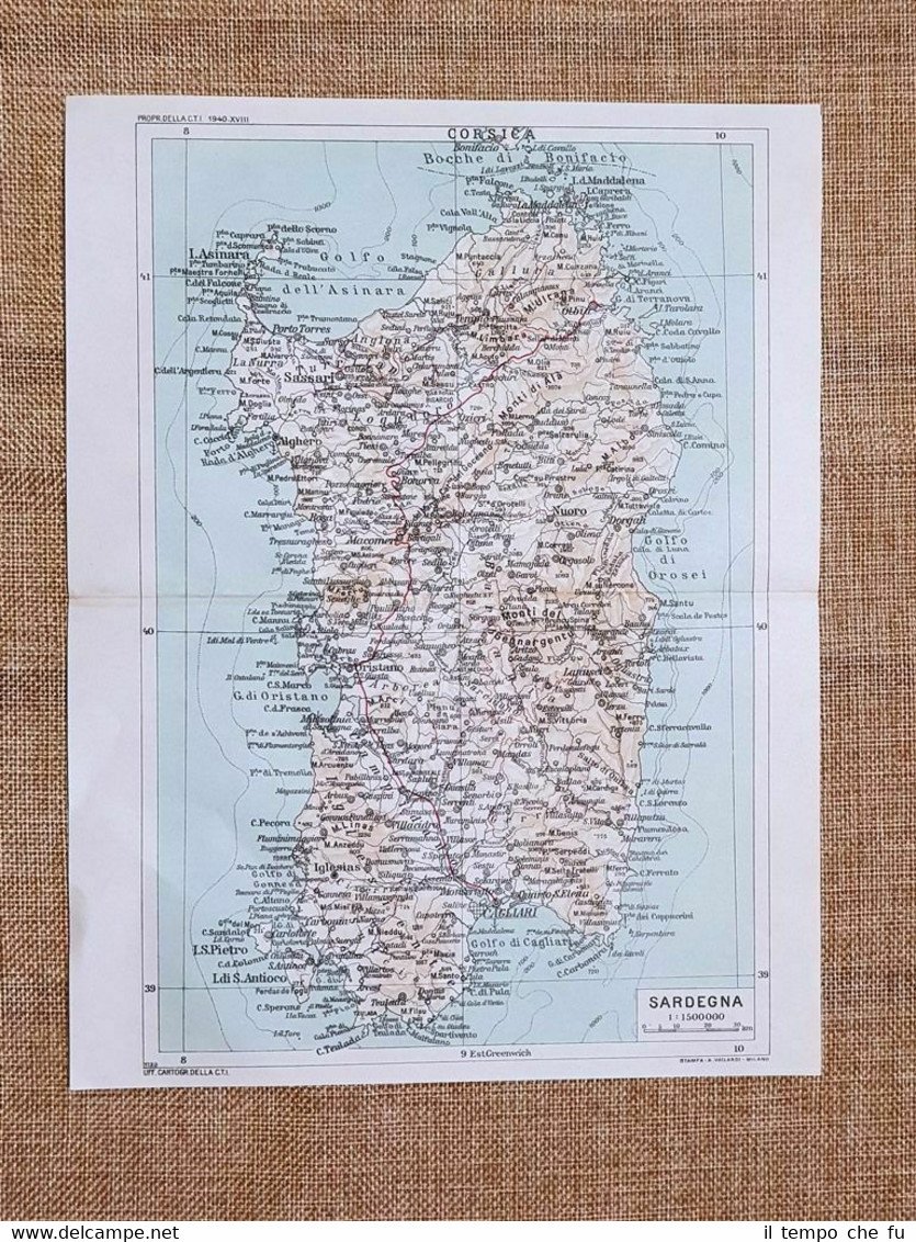 Carta geografica o cartina del 1940 L'Isola di Sardegna Touring …