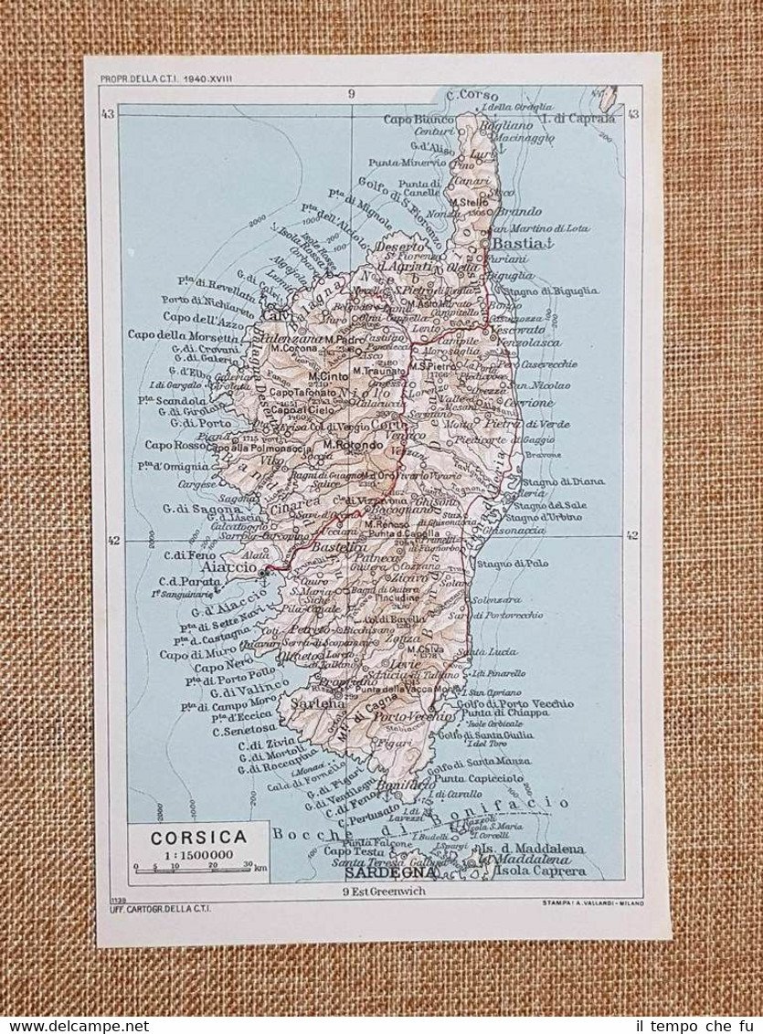 Carta geografica o cartina del 1940 La Corsica Francia T.C.I.