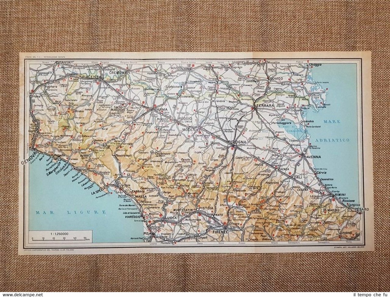 Carta geografica o cartina del 1957 L'Emilia Romagna