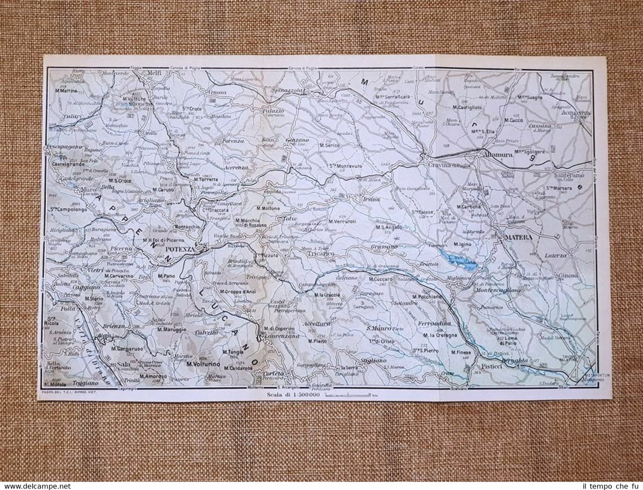 Carta geografica o mappa del 1937 Matera M.S.Croce Tangia Potenza …