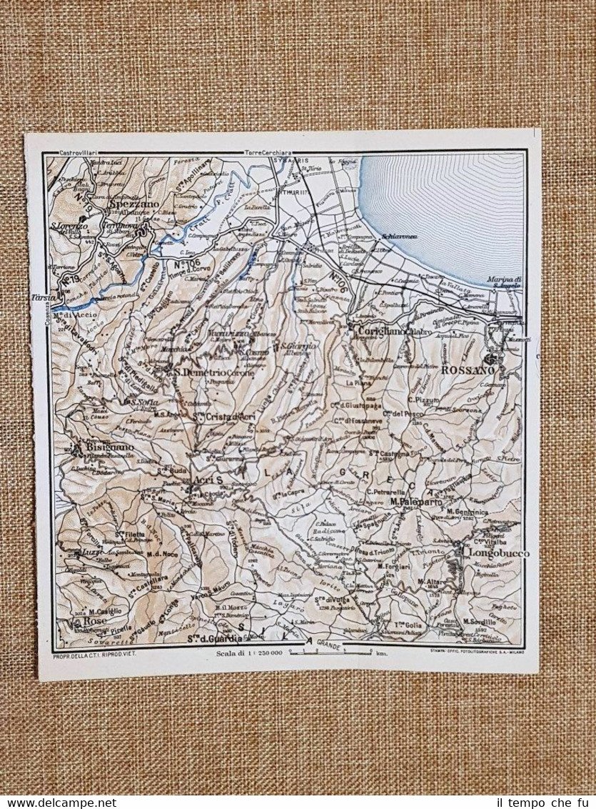 Carta geografica o mappa del 1937 Rossano Spezzano Bisignano Calabria …