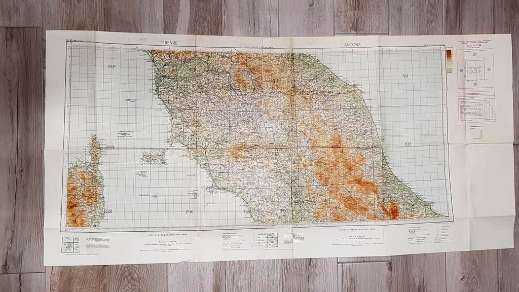 Carta geografica o mappa Firenze ed Ancona I.G.M. Anno 1951 …