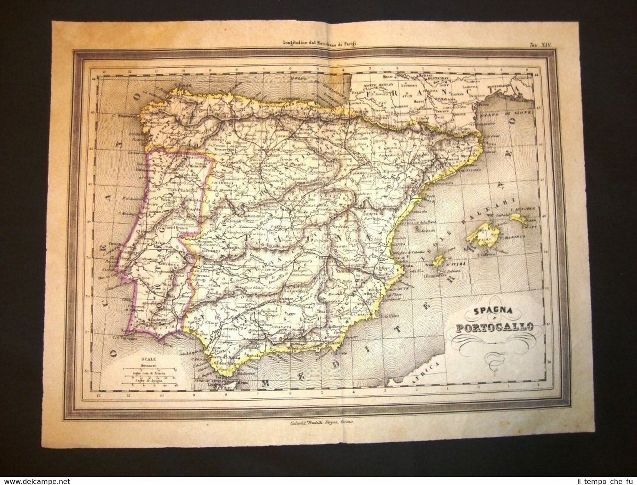 Carta geografica o mappa Marmocchi del 1876 Spagna e Portogallo