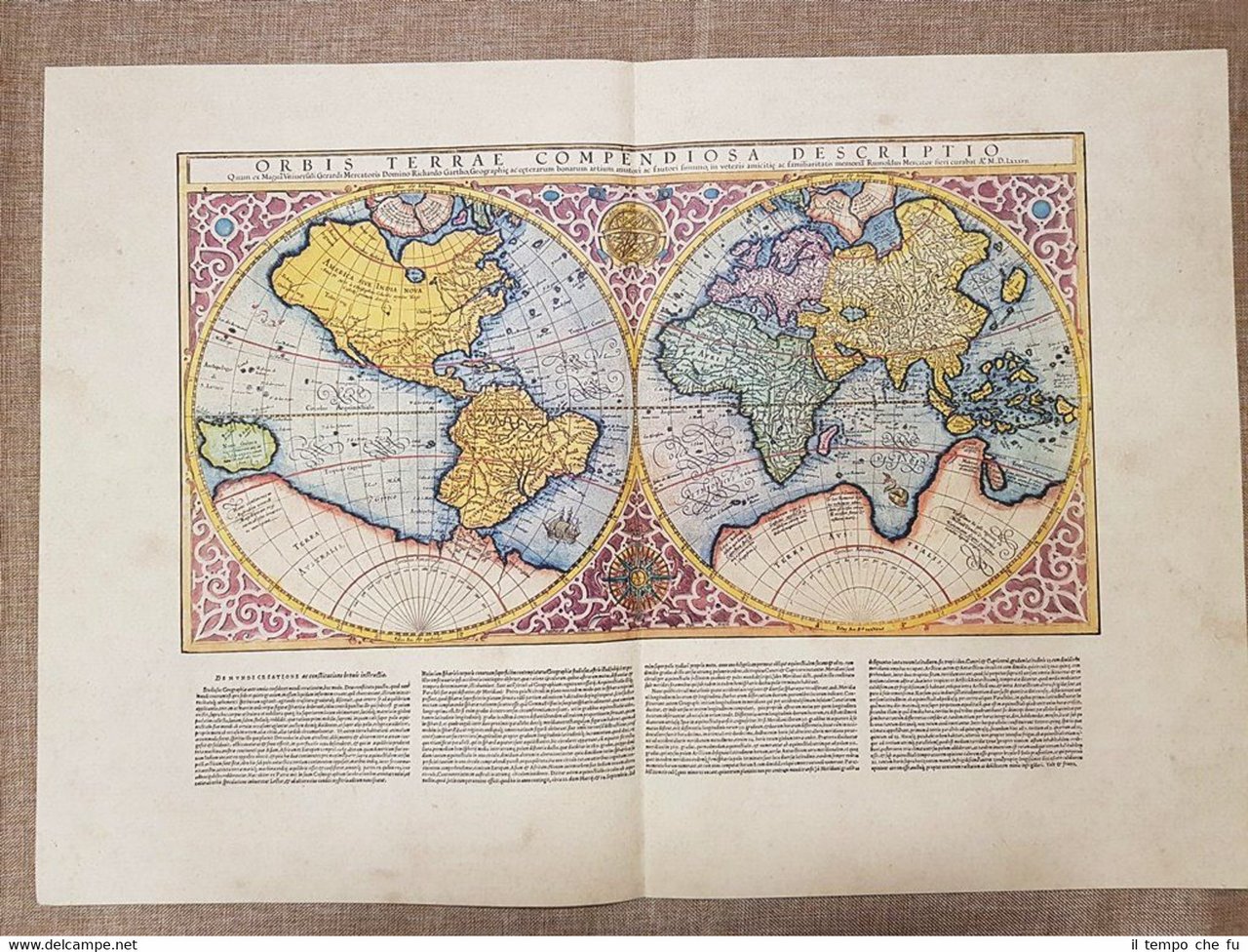 Carta geografica o mappa Planisfero Anno 1595 di Mercatore o …