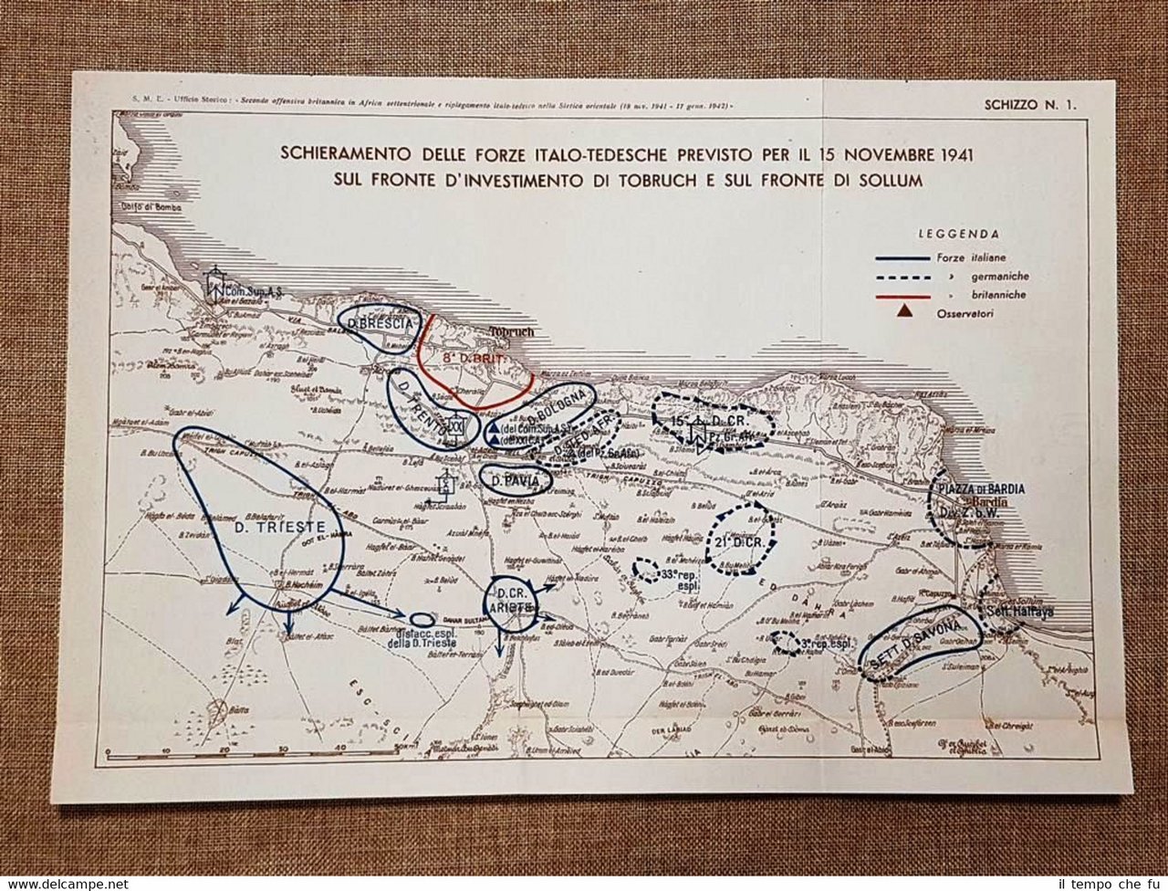 Carta mappa Forze Italo - Tedesche Fronte di Tobruch Sollum …