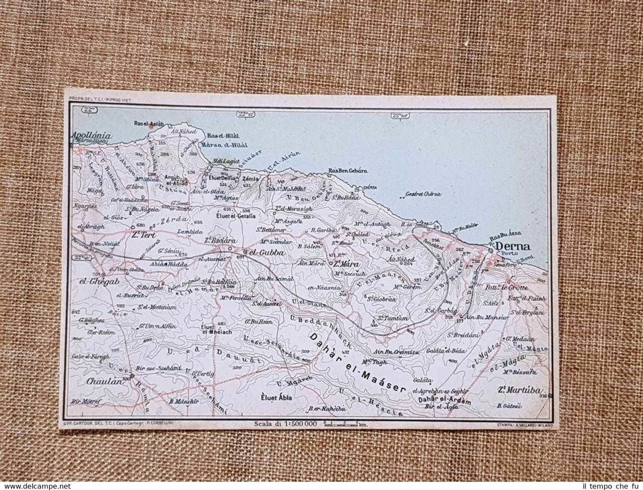 Carta o cartina del 1929 Derna Chaulàn Apollonia el-Gubba Cirenaica …