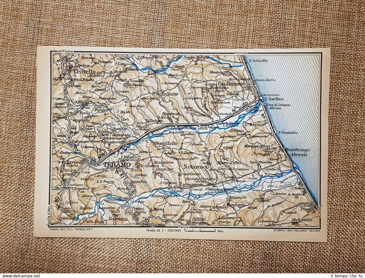 Carta o cartina del 1938 Teramo Giulianova Civitella Cellino Abruzzo …