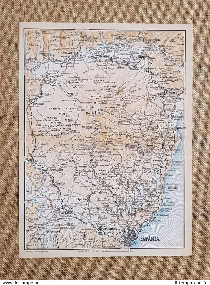 Carta o cartina del 1953 Catania Vulcano Etna Misterbianco Adrano …