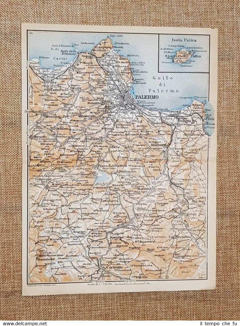 Carta o cartina del 1953 Palermo Monreale Corleone Isola d'Ustica …