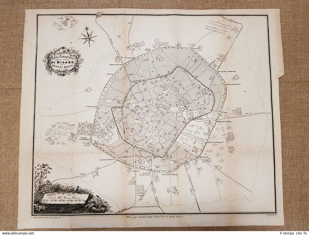 Carta topografica o pianta Milano nei secoli bassi Anno 1850 Francesco