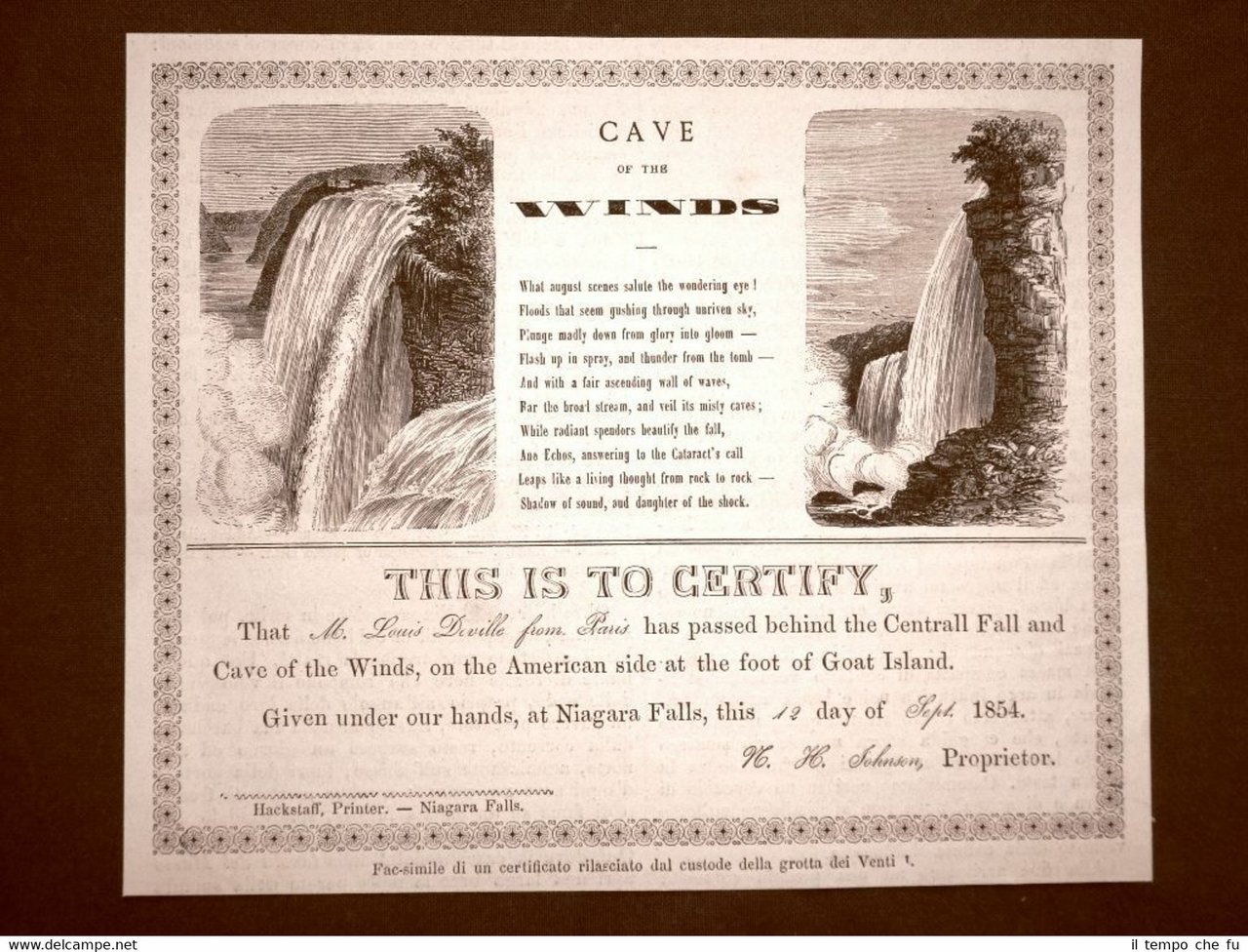 Certificato passaggio di Louis Deville nella Cave of the winds …