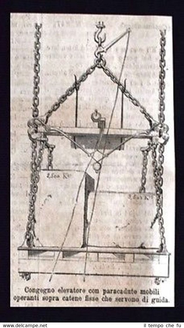 Congegno elevatore con paracadute mobili Incisione del 1869 | Immagine principale