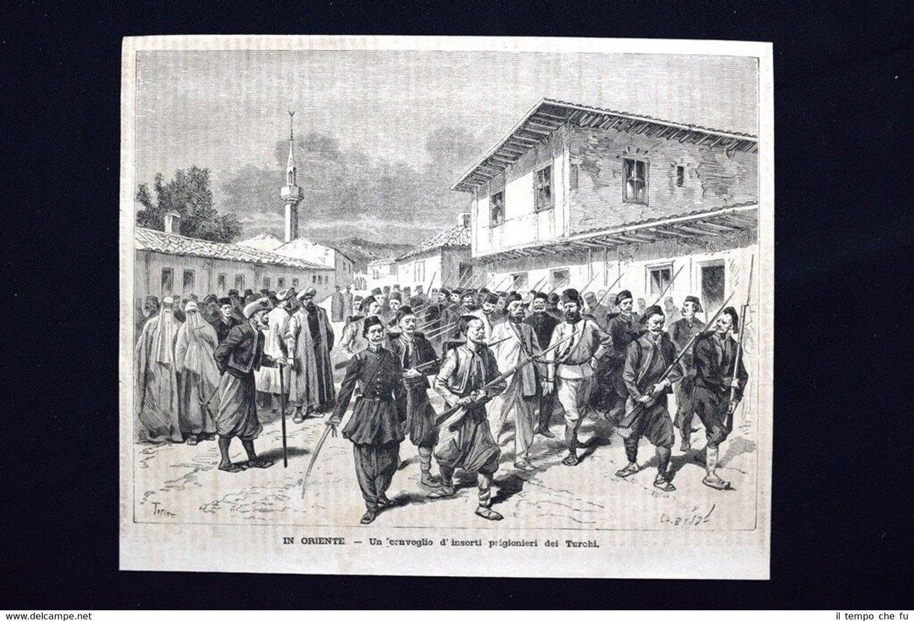 Convoglio di prigionieri dei Turchi+Suonatore di ghironda Incisione del 1876