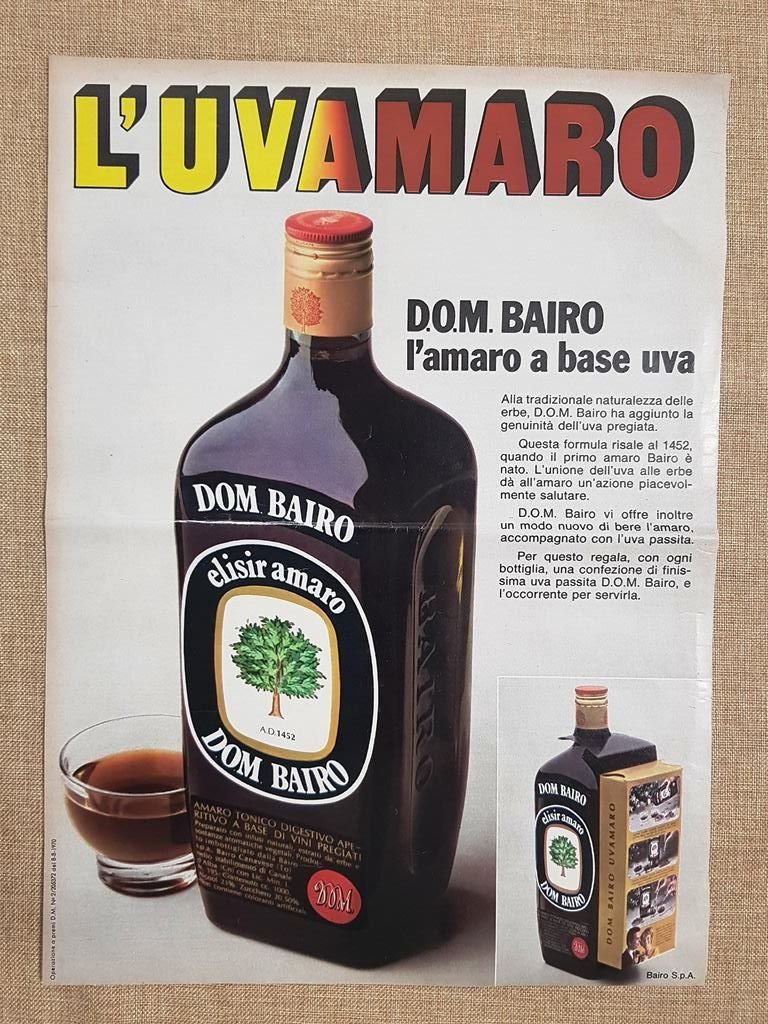 D.O.M. Bairo L'amaro a base uva L'Uvamaro Pubblicità vintage anni …