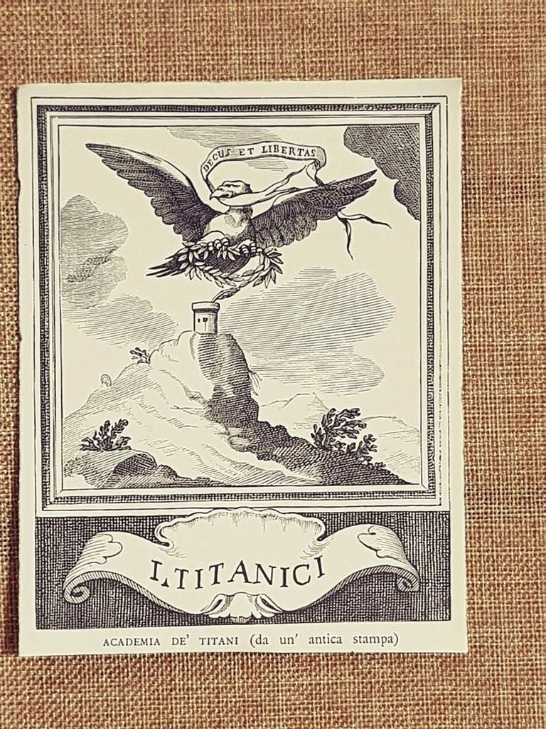 Decus et Libertas I Titanici Academia de'Titani Antica incisione Stampa …