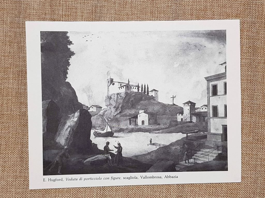 E. Hugford Veduta porticciolo con figure scagliola Abbazia Vallombrosa Ristampa | Immagine principale