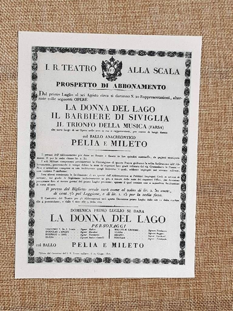 Facsimile Prospetto abbonamenti Teatro alla Scala Stagione estiva 1830 – …
