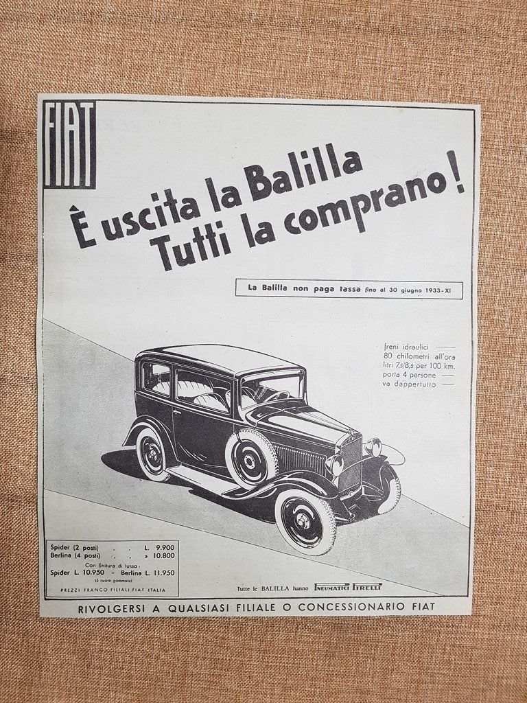 FIAT Auto Balilla Tutti la comprano! Pubblicità primi anni del … | Immagine principale