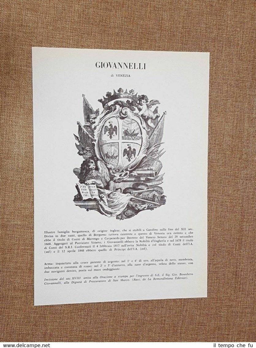 Giovannelli di Venezia Stemma Famiglia Nobile Nobiltà Araldica