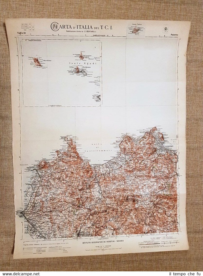 Grande carta geografica 1909 Palermo Isole Egadi Sicilia Touring Club …
