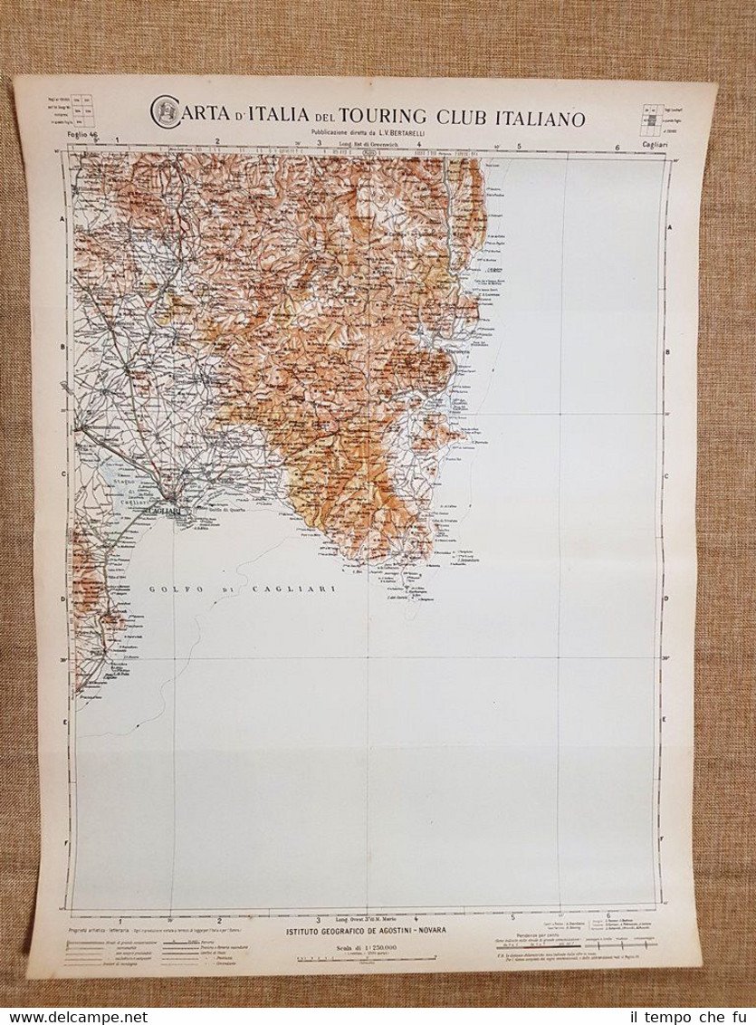 Grande carta geografica del 1909 Cagliari Sardegna Touring Club Italiano