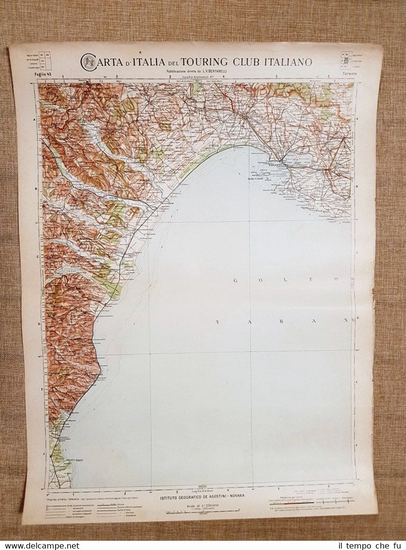 Grande carta geografica del 1909 Taranto Puglia Touring Club Italiano