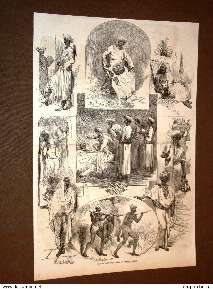 Gravure année 1858 Service domestique dans les Indes anglaises