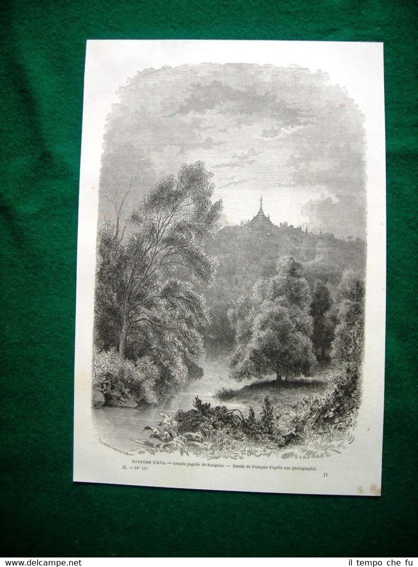 Gravure année 1860 Birmanie, Royaume d'Ava, grande pagode de Rangoun