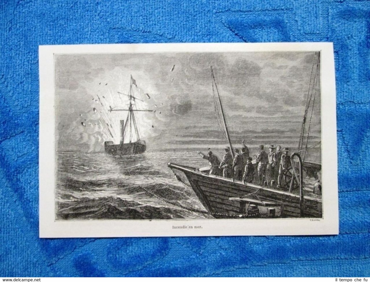 Gravure Année 1861 - Incendie en mer - Esplosione in …
