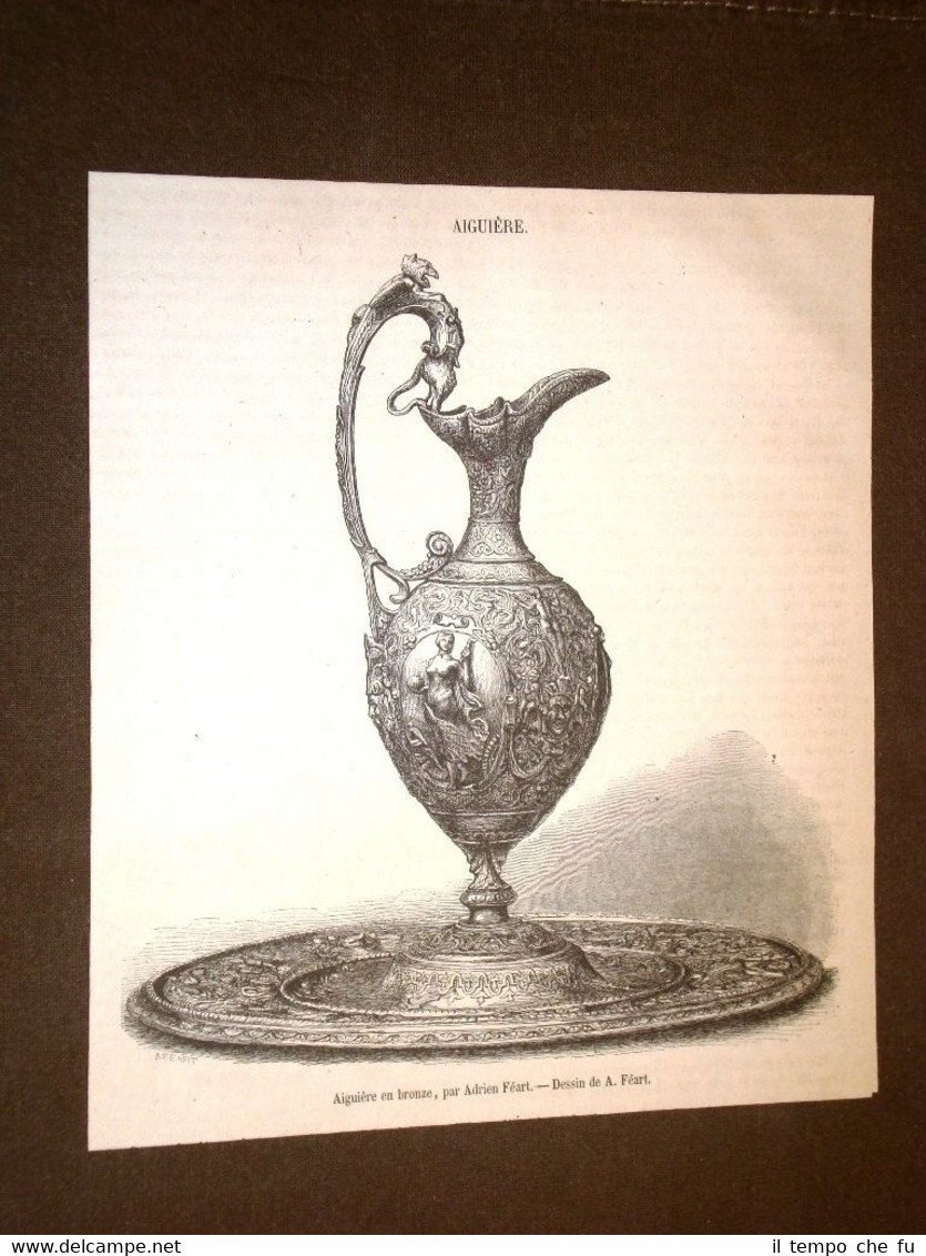Gravure année 1872 Aiguière en bronze par Adrien Féart