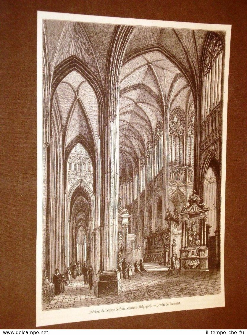 Gravure année 1872 Intérieur de l'église de Saint Hubert Belgique …