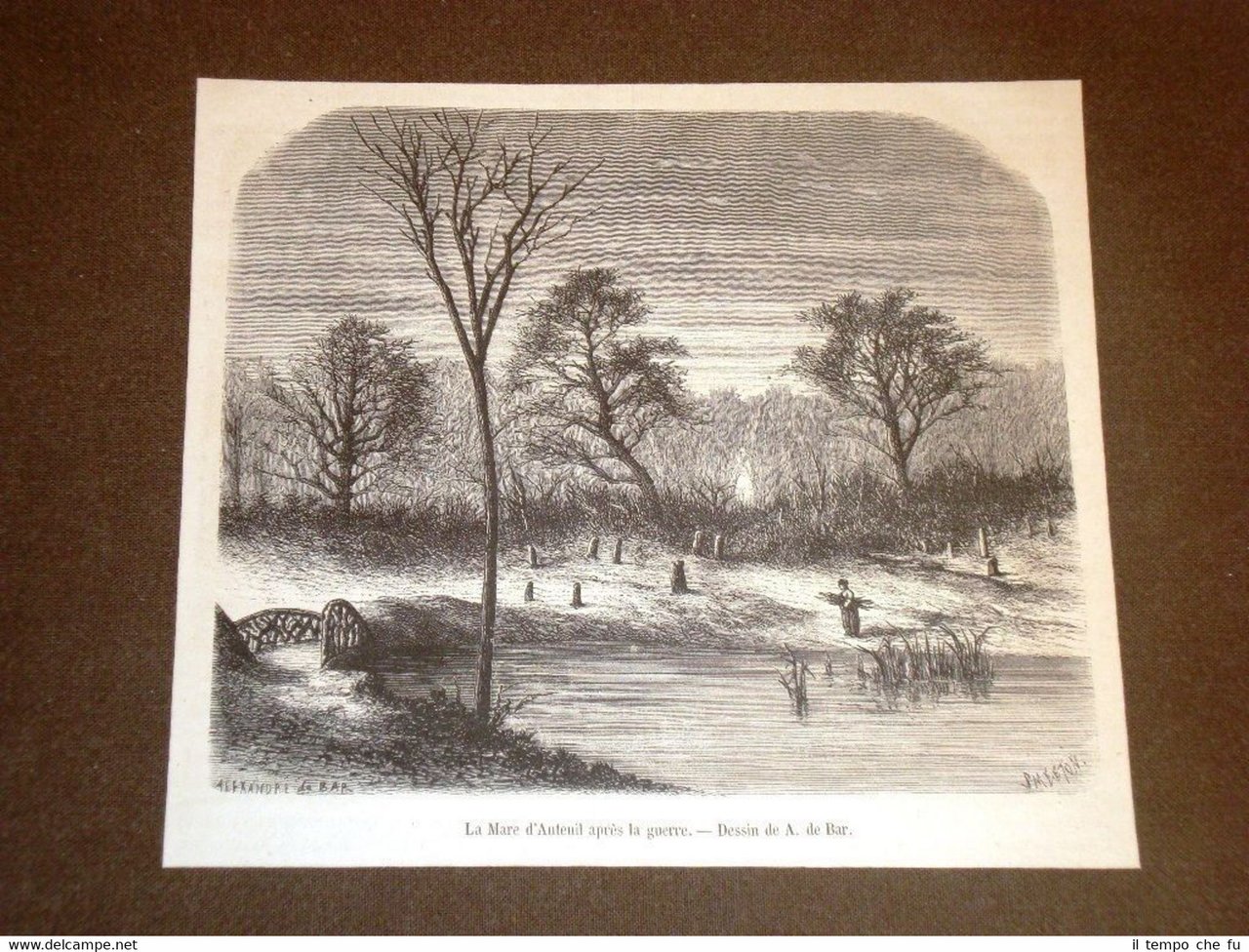 Gravure année 1872 Le Mare d'Auteuil après la guerre