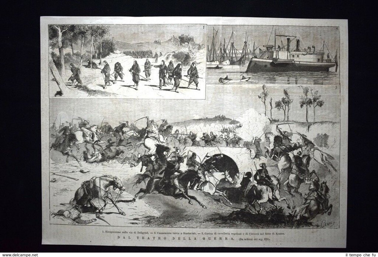 Guerra Serbia-Turchia:Deligrad-Cannoniera turca a Rustsciuk Incisione del 1876