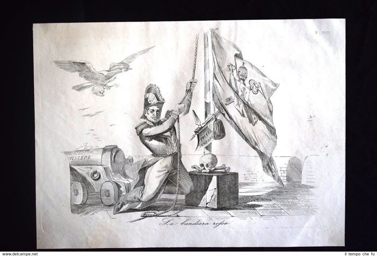 Incisione d'allegoria e satira 15 luglio 1849,Mole Adriana,Roma Don Pirlone …