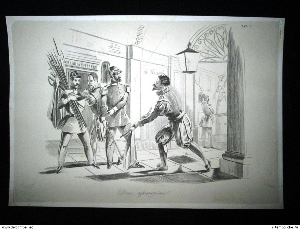 Incisione d'allegoria e satira 16 novembre 1848,Guardia Papale Don Pirlone …