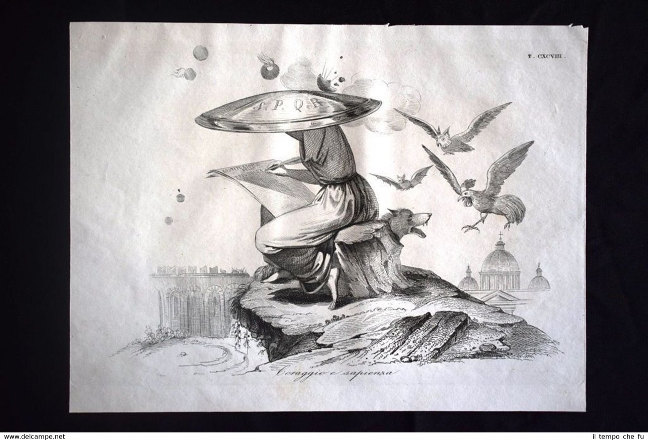 Incisione d'allegoria e satira 8 febbraio 1849, Costituzione Don Pirlone …