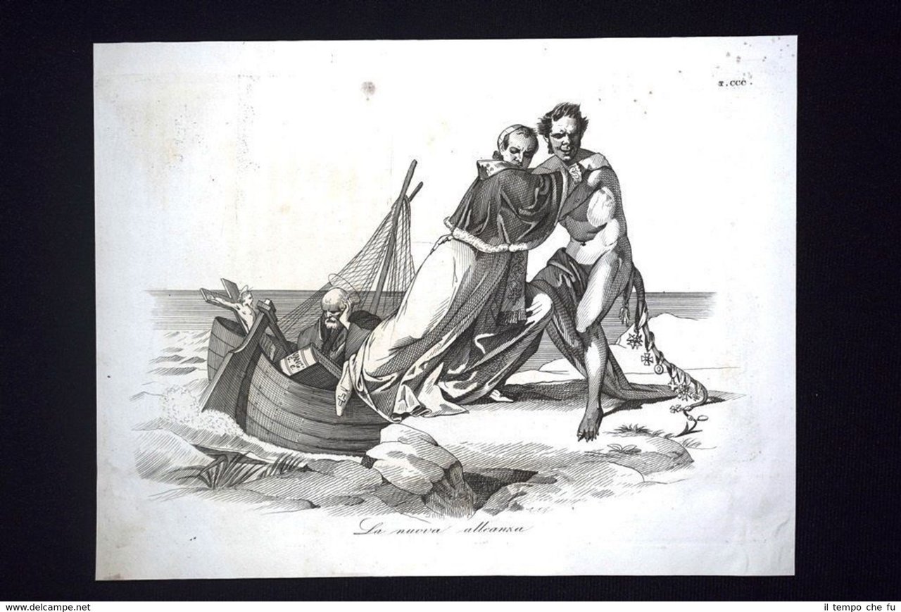 Incisione d'allegoria e satira Alleanza Pio IX Tirannia Europa Don …